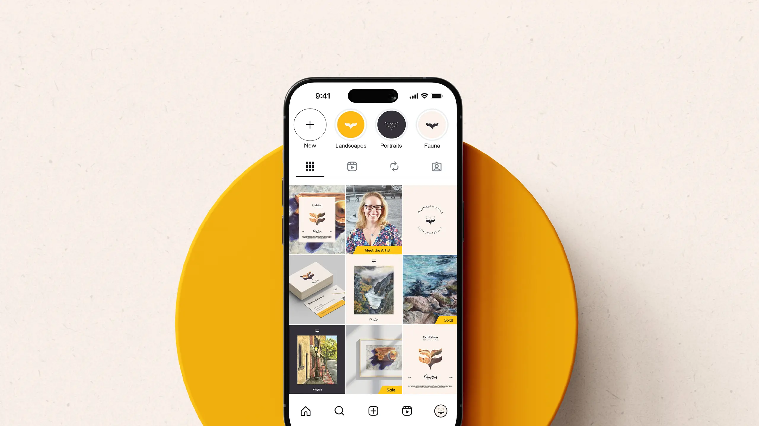 A mobile phone with a grid of photos and graphics displayed on the screen, placed on a yellow round plinth on a cream coloured recycled paper background