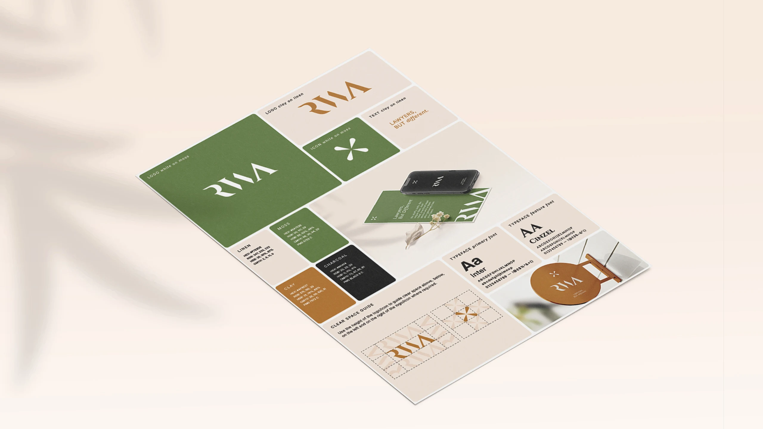 RWA branding specifications printed on an A4 piece of paper, sitting on a cream background
