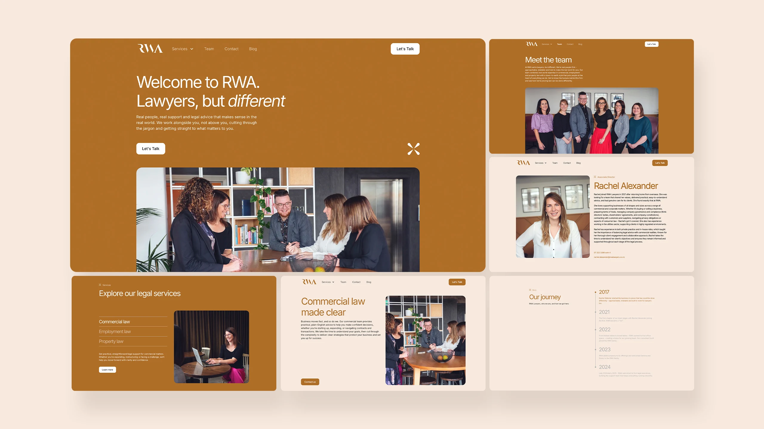 RWA lawyers website desktop screenshots in a grid format on a cream background