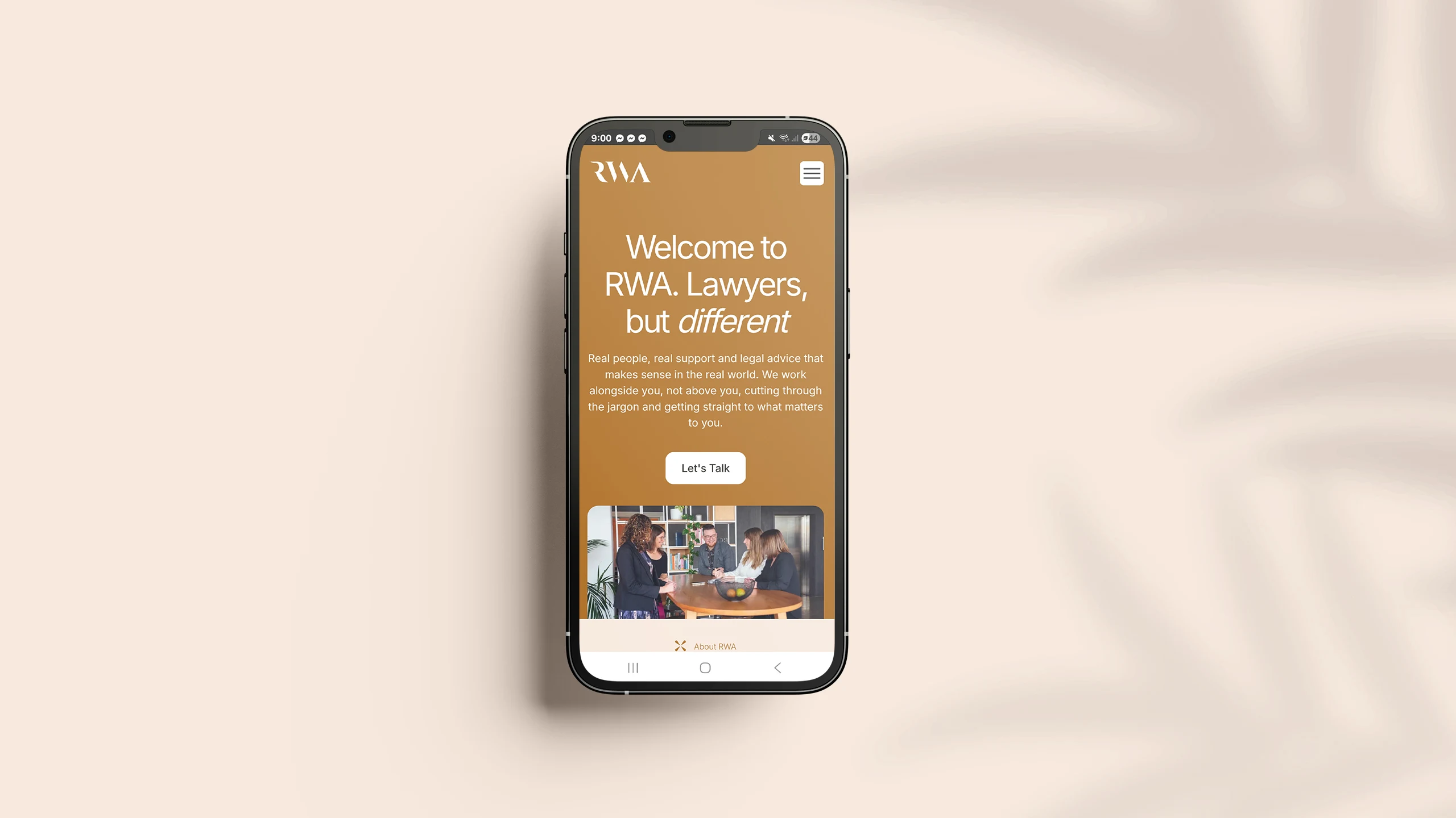 RWA lawyers mobile website screenshot mocked up on a apple iphone, placed on a cream background with leaf-shaped shadows on the left
